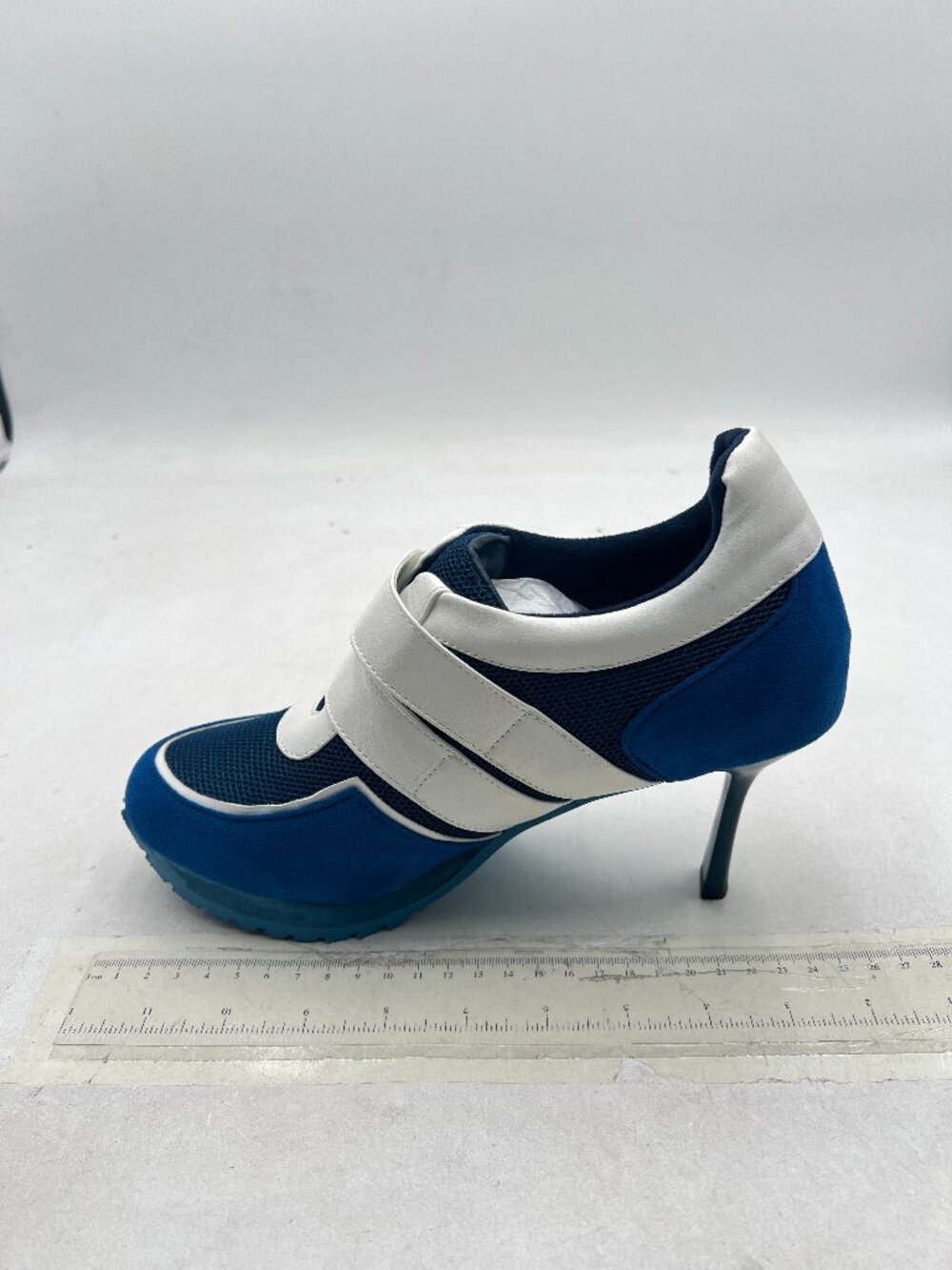 Women’s Blue and White Strappy High-Heel Sneaker